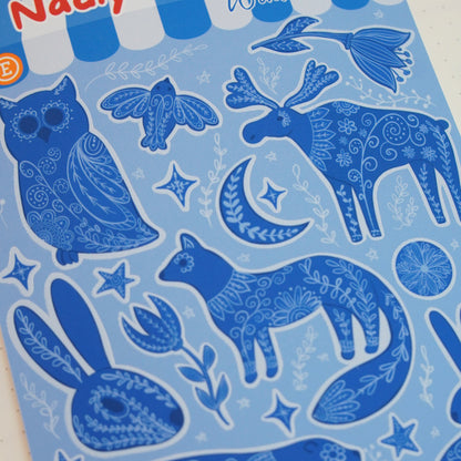 Handgezeichnetes Sticker Sheet Winterzauber mit 23 Vinyl-Stickern – Wintertiere: Ech, Hase, Fuchs, Eule,