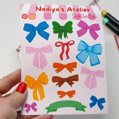 Handgezeichnetes Sticker Sheet mit bunten Schleifen – 12 Vinyl-Sticker für Papeterie und Journaling